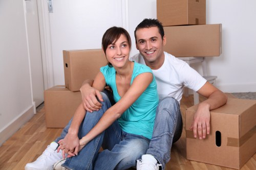 Packed household boxes and furniture ready for removals in Hampstead