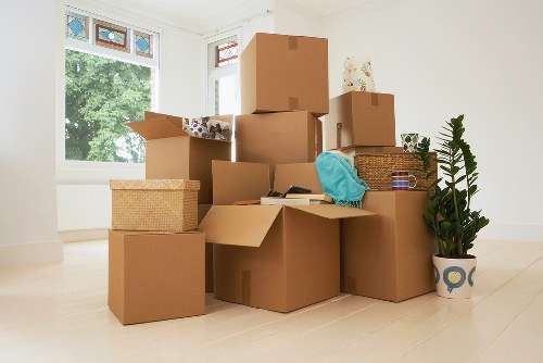 Business furniture and packed office items ready for relocation