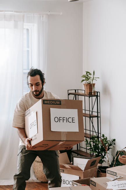 A man is indoors, lifting and carrying a medium-sized cardboard box labeled 'OFFICE' during a house or office move. He is wearing a beige t-shirt and grey trousers, with a focused expression. The room has white walls and a large window with sheer white curtains allowing natural light to fill the space. In the background, there is a metal shelving unit with a potted plant on top, and several other boxes, some labeled 'MEDIUM', are stacked on the wooden floor. The boxes are made of brown cardboard, some wrapped in plastic or packing tape, indicating packing and moving preparations. This loading process illustrates furniture transport and packing activities typical of professional removals, such as those offered by Man and Van Hampstead, involved in home relocation and small business moves.