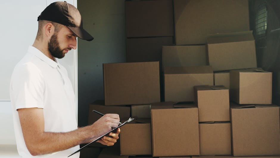 A man wearing a black cap and white polo shirt is standing inside a storage area or van during a house removal. He is holding a clipboard and pen, appearing to be inspecting or taking notes about the boxes. Behind him, there are several stacked cardboard boxes of various sizes, some sealed with packing tape, organized for transportation. The boxes are placed on a dark surface inside the vehicle or storage room, with a reflective or transparent panel on the right side. The environment is lit evenly, highlighting the logistics process involved in home relocation or furniture transport, as part of professional removals services offered by Man and Van Hampstead. This scene illustrates the careful planning and handling typical of packing and loading during a house move.